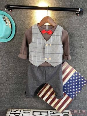 童装批发厂家直批新款 秋款男童格子马甲垮裤长袖三件套9675HX1.6